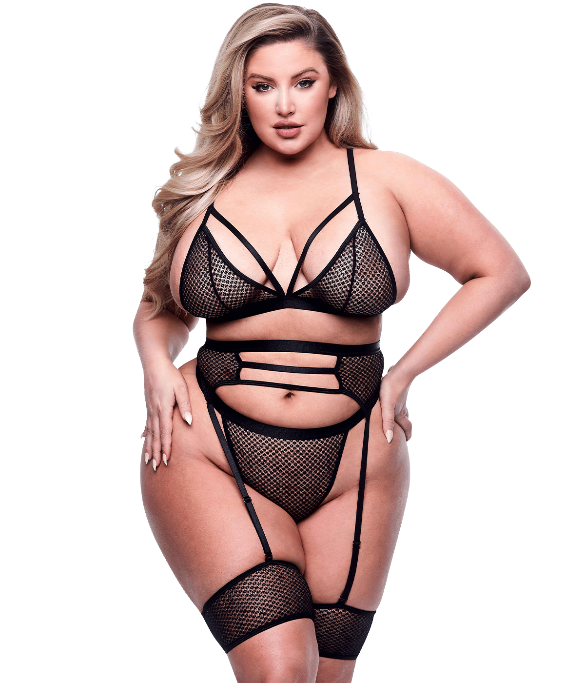 Baci Lingerie - 3-delig visnet lingerie set met jarretel - Plus size