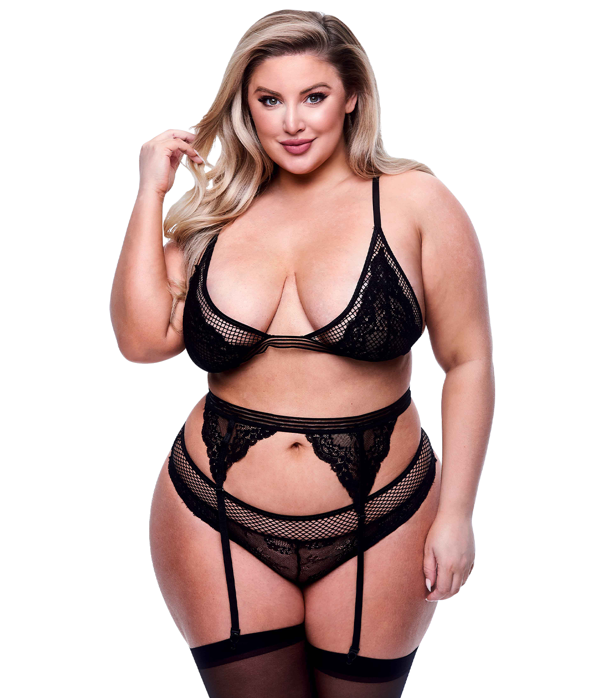 Baci Lingerie - 3-delige kanten lingerieset met jarretel - Plus size