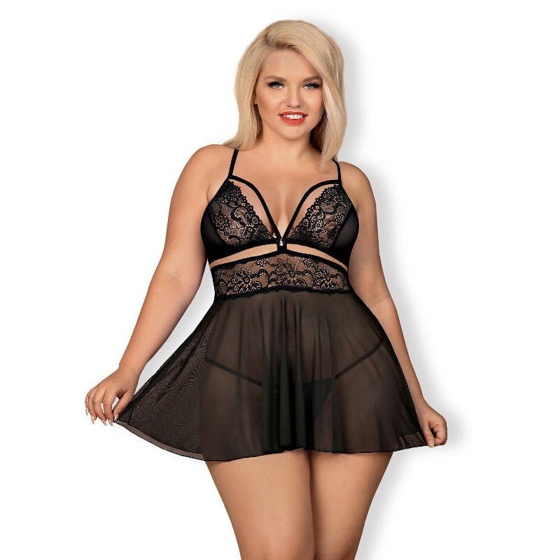 Obsessive 838-BAB-1 Babydoll&String Zwart XXL