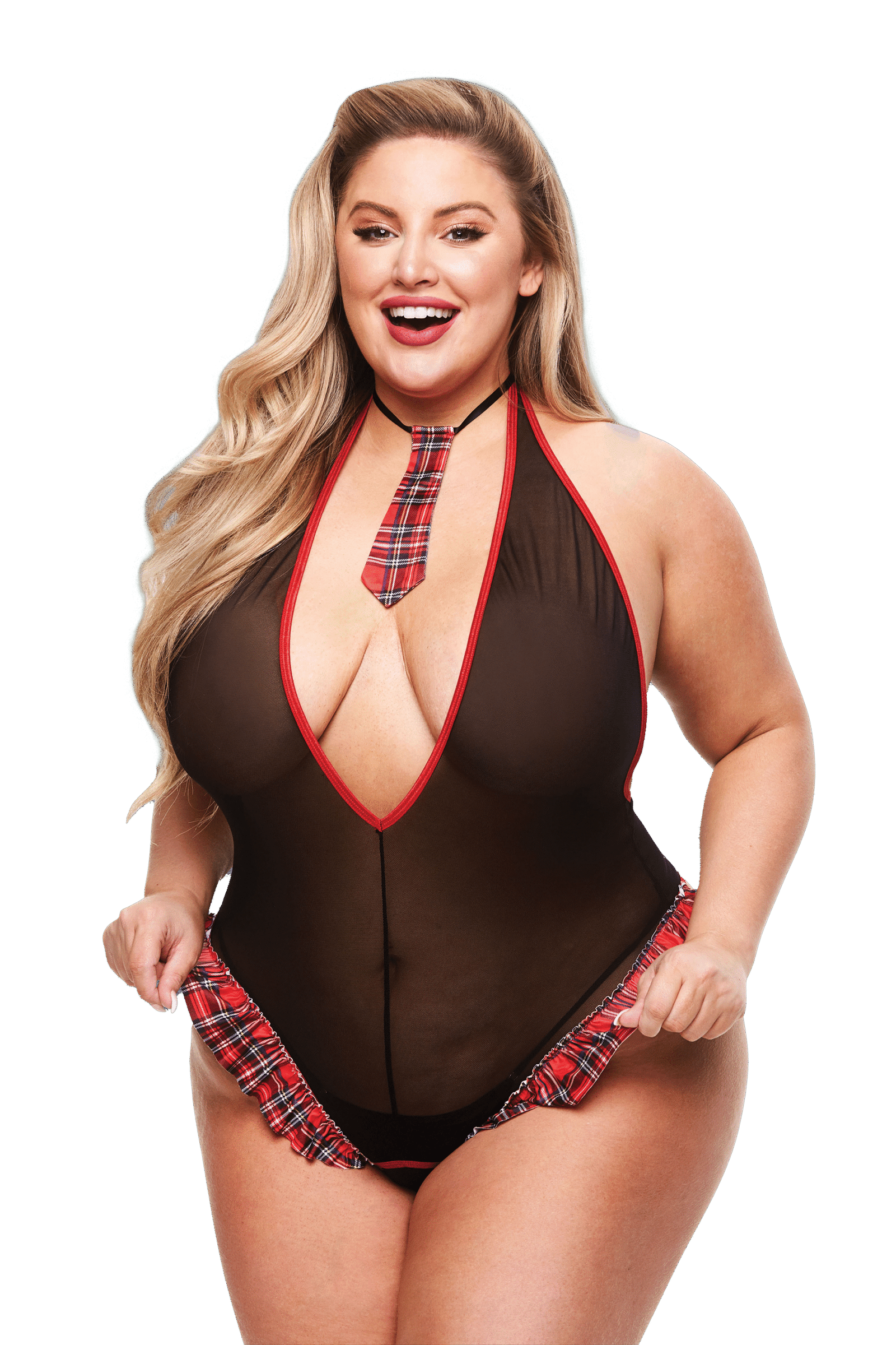 Teachers Pet - Transparante body met open kruis en stropdasje - Plus Size