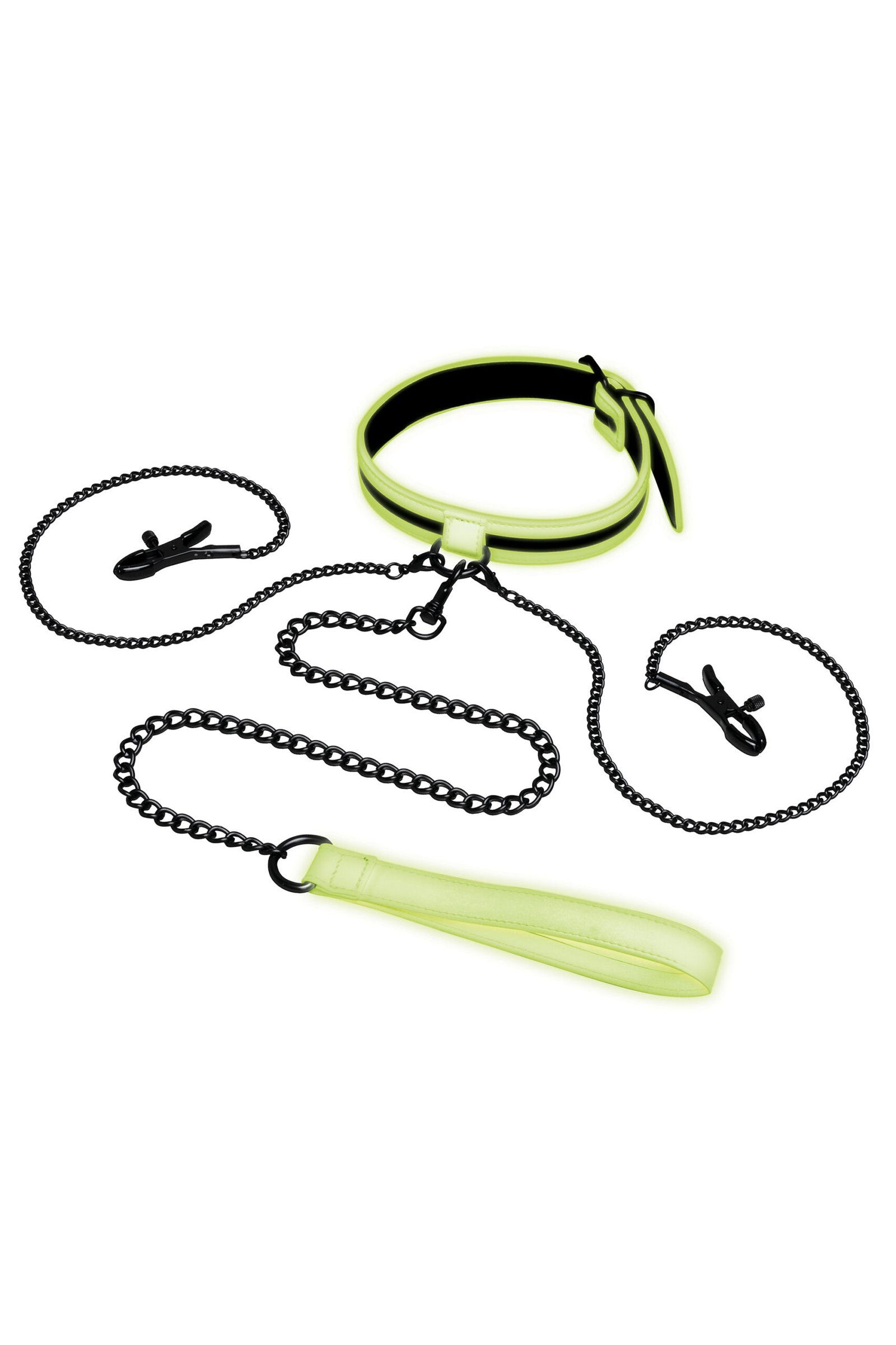 Whipsmart - Glow In The Dark - Halsband met tepelklemmen en riem